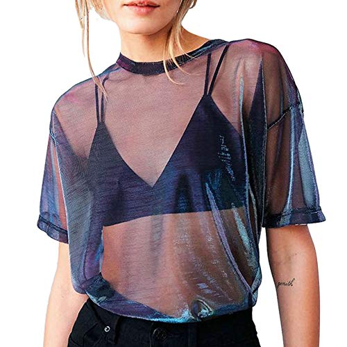 xxxiticat Damen Sexy Holografisches durchsichtiges Mesh-Oberteil, kurzärmelig, transparent, metallisch, glänzend, Tunika-T-Shirts - Violett - X-Groß von xxxiticat