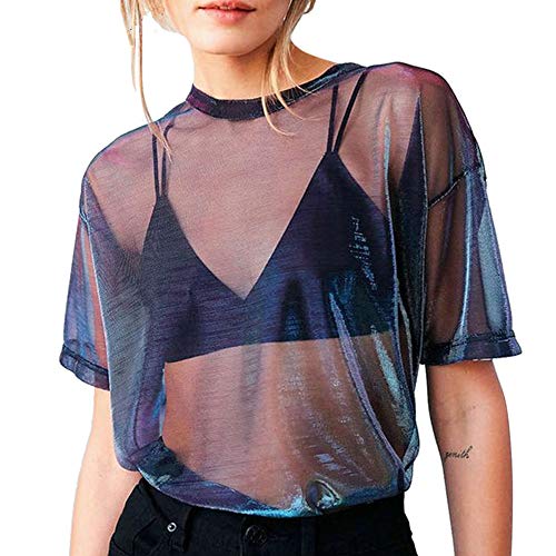 xxxiticat Damen Sexy Holographisch Durchsichtig Mesh Tops Kurzarm Transparent Sheer Metallic Glänzend T-Shirts, Violett, Klein von xxxiticat