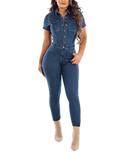 xxxiticat Damen Sexy Kurzarm Nachtclub Denim Jumpsuits Strampler Lang One Piece Stretch Strampler mit Tasche(BE,XL) von xxxiticat