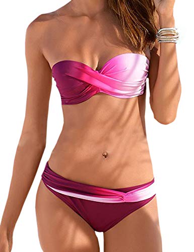 xxxiticat Damen Sexy trägerloses Bikini-Set Bandeau Twist Front Gepolstert Farbverlauf Bunt Zweiteiliger Badeanzug - - Medium von xxxiticat