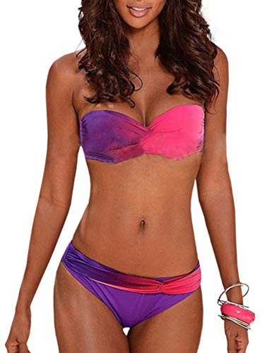 xxxiticat Damen Sexy trägerloses Bikini-Set Bandeau Twist Front Gepolstert Farbverlauf Bunt Zweiteiliger Badeanzug - - Small von xxxiticat