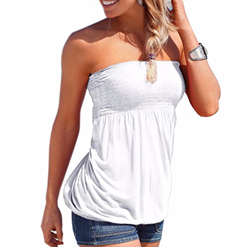 xxxiticat Damen Sommer Tube Tops Einfarbig Ärmellos Trägerlos Rueckenfrei Tank Top Blumendruck Tunika Weste Hemd Bluse mit Plissee(WH,L) von xxxiticat