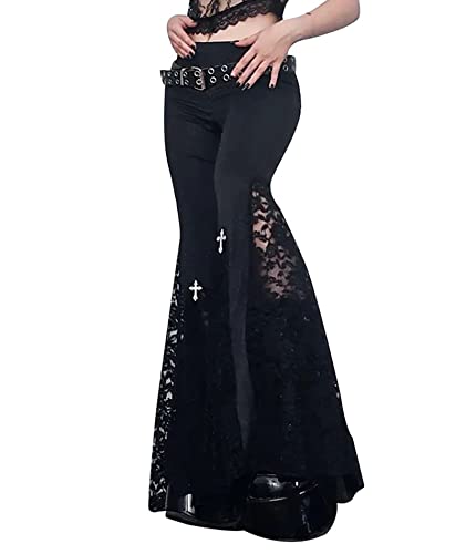 xxxiticat Damen Spitze ausgestellte Legging Hosen Gothic Hohe Taille Aushöhlen Durchsichtig Patchwork Mesh Bell-Bottom Hose, Schwarz, M von xxxiticat