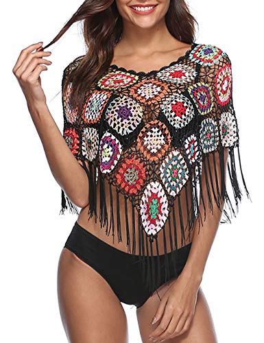 xxxiticat Damen Stickerei Print Hollow Out Bikini Bluse Umhang Poncho Cape Fransen Saum Häkeln Blumen Strand Cover Ups Tops, Schwarz, Einheitsgröße von xxxiticat