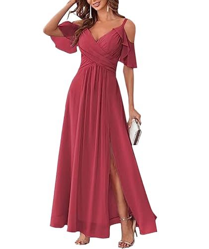 xxxiticat Damen V-Ausschnitt Spaghettiträger Lange Ballkleider Chiffon A-Linie Brautjungfernkleider Abschlussball Abendkleider mit Schlitz(OR,XL) von xxxiticat