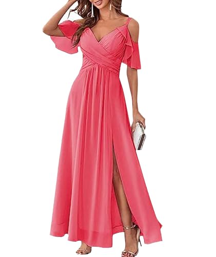xxxiticat Damen V-Ausschnitt Spaghettiträger Lange Ballkleider Chiffon A-Linie Brautjungfernkleider Abschlussball Abendkleider mit Schlitz(RO,XL) von xxxiticat