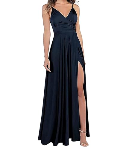 xxxiticat Damen V-Ausschnitt Spaghettiträger Lange Ballkleider Satin A-Linie Brautjungfernkleider formeller Satin Abschlussball Abendkleider mit Schlitz(BE9,M) von xxxiticat