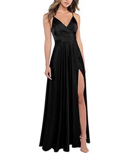 xxxiticat Damen V-Ausschnitt Spaghettiträger Lange Ballkleider Satin A-Linie Brautjungfernkleider formeller Satin Abschlussball Abendkleider mit Schlitz(BL,L) von xxxiticat