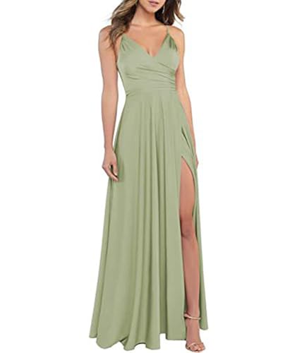 xxxiticat Damen V-Ausschnitt Spaghettiträger Lange Ballkleider Satin A-Linie Brautjungfernkleider formeller Satin Abschlussball Abendkleider mit Schlitz(GR1,XS) von xxxiticat