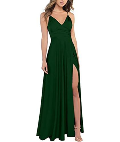 xxxiticat Damen V-Ausschnitt Spaghettiträger Lange Ballkleider Satin A-Linie Brautjungfernkleider formeller Satin Abschlussball Abendkleider mit Schlitz(GR5,S) von xxxiticat