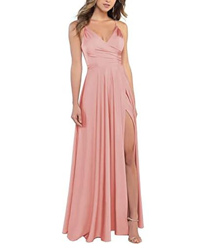 xxxiticat Damen V-Ausschnitt Spaghettiträger Lange Ballkleider Satin A-Linie Brautjungfernkleider formeller Satin Abschlussball Abendkleider mit Schlitz(PI1,S) von xxxiticat