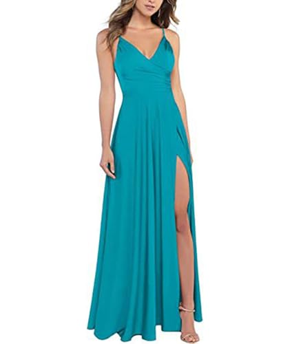 xxxiticat Damen V-Ausschnitt Spaghettiträger Satin Brautjungfernkleider Formeller A-Linie Abschlussball Abendkleider mit Schlitz(BE1,S) von xxxiticat