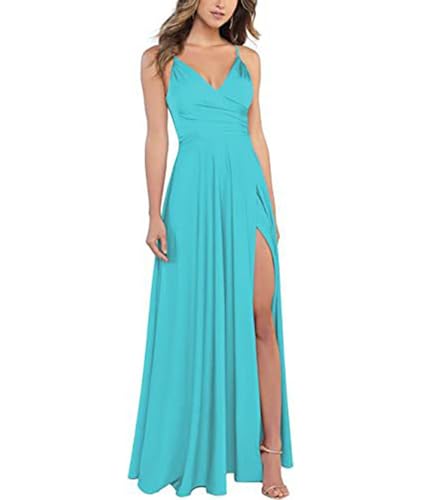 xxxiticat Damen V-Ausschnitt Spaghettiträger Satin Brautjungfernkleider Formeller A-Linie Abschlussball Abendkleider mit Schlitz(BE3,XL) von xxxiticat
