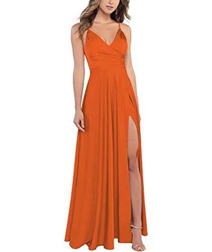 xxxiticat Damen V-Ausschnitt Spaghettiträger Satin Brautjungfernkleider Formeller A-Linie Abschlussball Abendkleider mit Schlitz(CS,L) von xxxiticat
