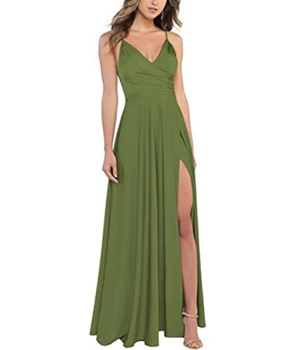 xxxiticat Damen V-Ausschnitt Spaghettiträger Satin Brautjungfernkleider Formeller A-Linie Abschlussball Abendkleider mit Schlitz(GR2,XL) von xxxiticat