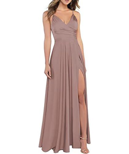 xxxiticat Damen V-Ausschnitt Spaghettiträger Satin Brautjungfernkleider Formeller A-Linie Abschlussball Abendkleider mit Schlitz(GY2,XL) von xxxiticat