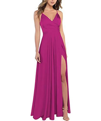 xxxiticat Damen V-Ausschnitt Spaghettiträger Satin Brautjungfernkleider Formeller A-Linie Abschlussball Abendkleider mit Schlitz(PE2,2XL) von xxxiticat