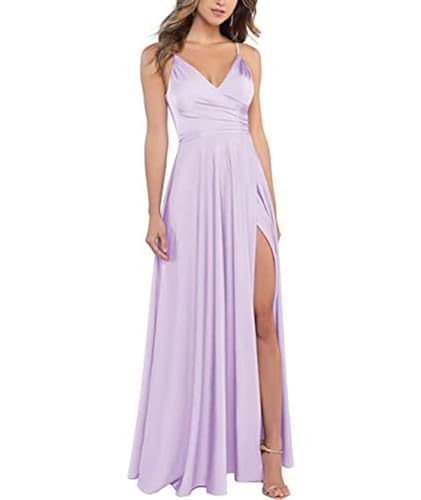 xxxiticat Damen V-Ausschnitt Spaghettiträger Satin Brautjungfernkleider Formeller A-Linie Abschlussball Abendkleider mit Schlitz(PE3,M) von xxxiticat
