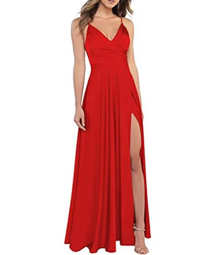 xxxiticat Damen V-Ausschnitt Spaghettiträger Satin Brautjungfernkleider Formeller A-Linie Abschlussball Abendkleider mit Schlitz(RE2,XS) von xxxiticat
