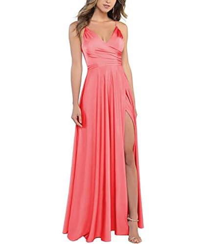 xxxiticat Damen V-Ausschnitt Spaghettiträger Satin Brautjungfernkleider Formeller A-Linie Abschlussball Abendkleider mit Schlitz(RE4,L) von xxxiticat