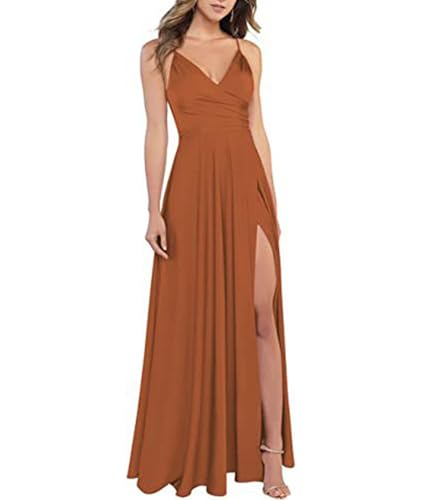 xxxiticat Damen V-Ausschnitt Spaghettiträger Satin Brautjungfernkleider Formeller A-Linie Abschlussball Abendkleider mit Schlitz(YE2,XL) von xxxiticat