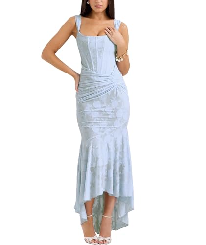 xxxiticat Elegantes Kleid für Damen Figurbetontes Spitzen-Fischschwanzkleid Fischgrätenkleid Schultergurt Gerüschtes Maxikleid(BE,XS) von xxxiticat