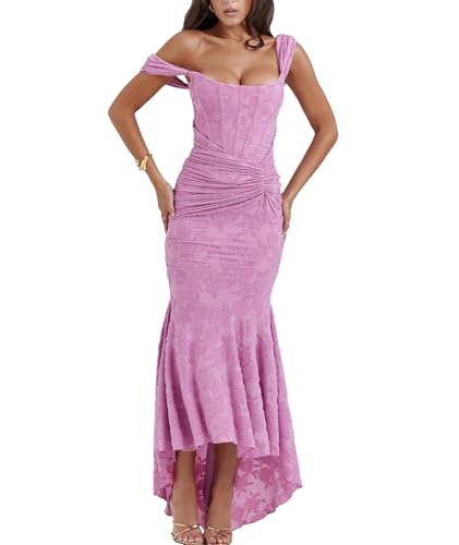 xxxiticat Elegantes Kleid für Damen Figurbetontes Spitzen-Fischschwanzkleid Fischgrätenkleid Schultergurt Gerüschtes Maxikleid(PI,XS) von xxxiticat