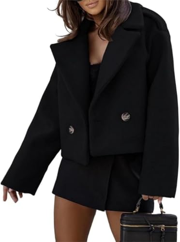 xxxiticat Womens Wolle Mischung Cropped Trench Mantel Herbst Winter Erbsen Mantel Doppelt Breasted Blazer Jacken Mode Mantel(BL,L) von xxxiticat