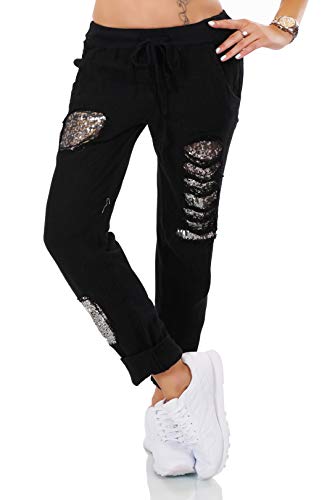 xy Damen Italien Hose Leinen Jogpants Mix Baggy Boyfriend Fetzen Pailletten 36-40 One Size (schwarz) von xy