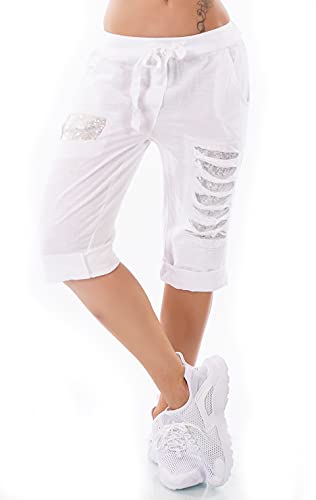 xy Italy Damen Capri Bermuda Shorts Hose Leinen Jogpants Pailletten Risse Fetzen One Size 36-40 (Weiß) von xy