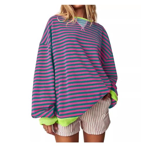 Gestreifter Pullover for Damen, übergroßes gestreiftes Sweatshirt, Farbblock-Langarm-Sweatshirt mit Rundhalsausschnitt, lockeres Pullover-Shirt(Purple Pink,XXL) von xyunluk