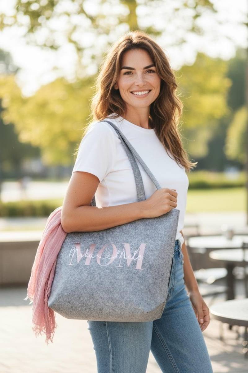 Filz Shopper | Personalisiert Wunschtext Einkaufstasche Hellgrau von xzauberhaftschoenx