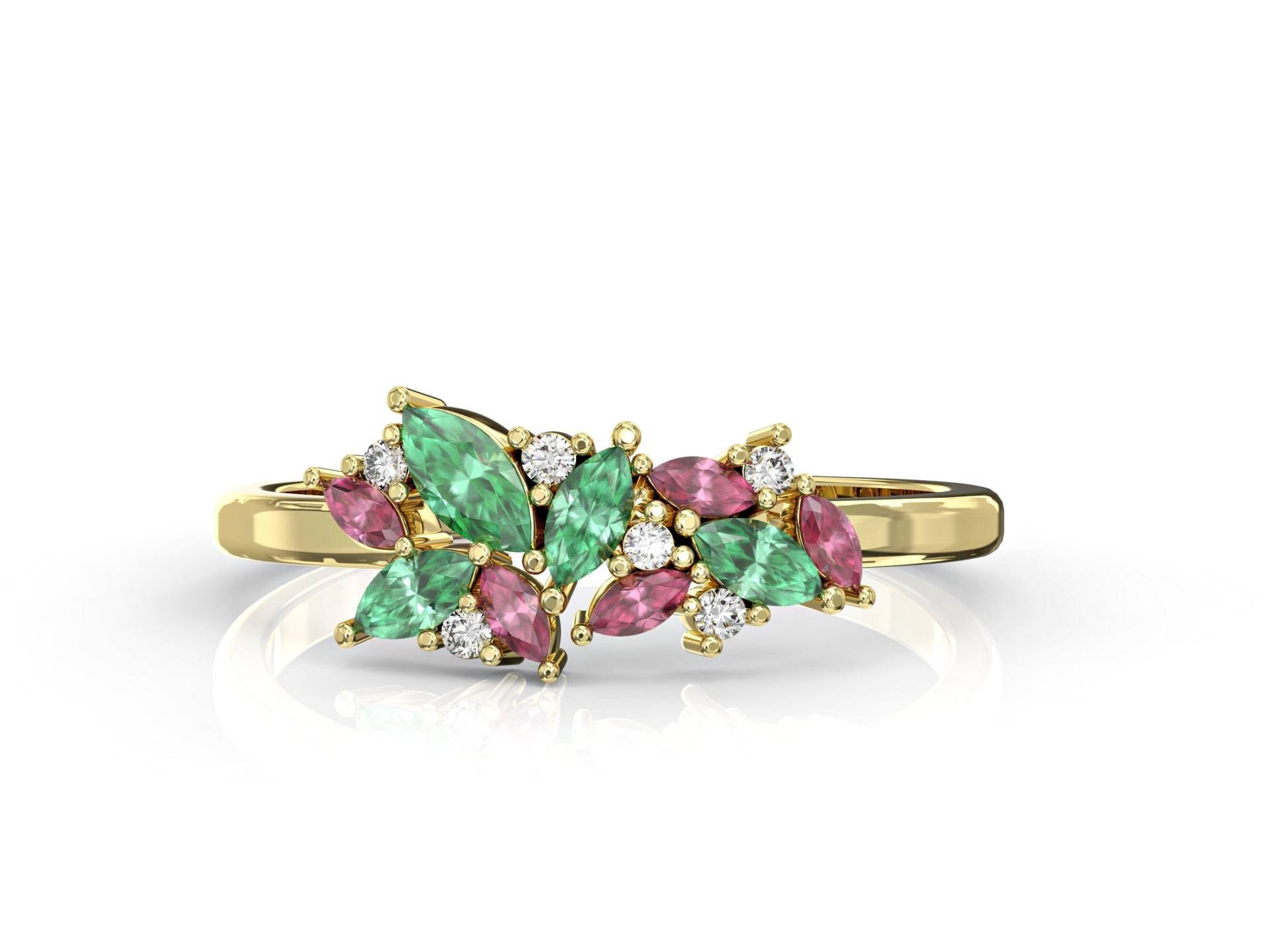 Cluster Marquise Cut Edelstein Ring Gold Fine Jewelry , Diamant Smaragd & Rubin Verlobungsring von yaaradesigns