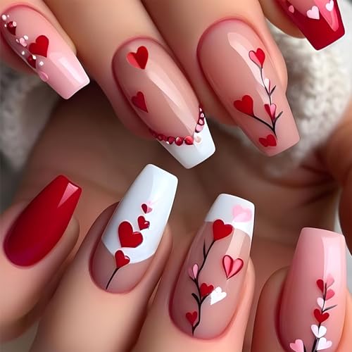 24 Stück Valentinstag Press on Nails Lange Sarg French Tip Falsche Nägel mit Herz Designs Aufkleben Nägel für Frauen von yabaikekeji