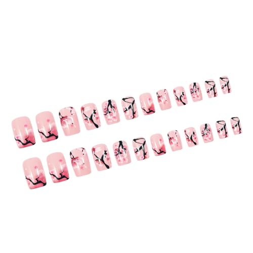 Kunstnägel zum Aufdrücken mit Baumzweig, Blumenmuster, quadratische Form, glänzendes Finish, für Damen, 24-teiliges Set von yabaikekeji