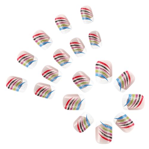 Quadratische Nägel zum Aufdrücken, Regenbogenstreifen, künstliche Acrylnägel, 24 Stück, zum Aufkleben für Frauen von yabaikekeji