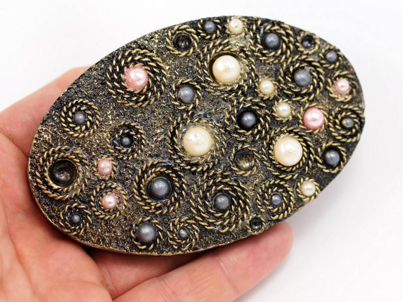 1 Vintage Gold Und Kunststoff Perle Handarbeit Gürtelschnalle - Made in Germany 110 X 78 Mm T006 von yakutum