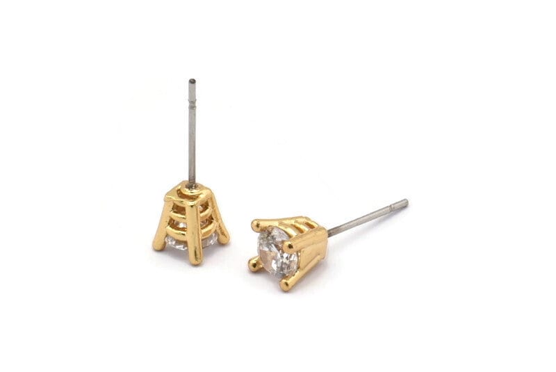 Gold Ohrstecker, 4 Vergoldete Messing Claw Cz Pave Runde Zirkon Ohrstecker | 8x6mm Sy0284 von yakutum