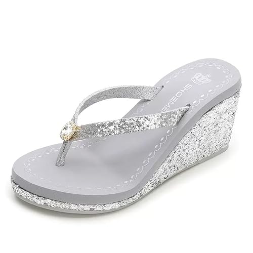 yamerbo Damen-Flip-Flops, Plateau-Sandalen, glitzernde Strasssteine, hoher Absatz, Fußgewölbeunterstützung, weiche Polsterung, Keilabsatz, Slipper, Sommer, Zehensandalen, Silber mit Strasssteinen, 8,9 yamerbo Damen-Flip-Flops, Plateau-Sandalen, glitzernde Strasssteine, hoher Absatz, Fußgewölbeunterstützung, weiche Polsterung, Keilabsatz, Slipper, Sommer, Zehensandalen, Silber mit Strasssteinen, 8,9 von yamerbo
