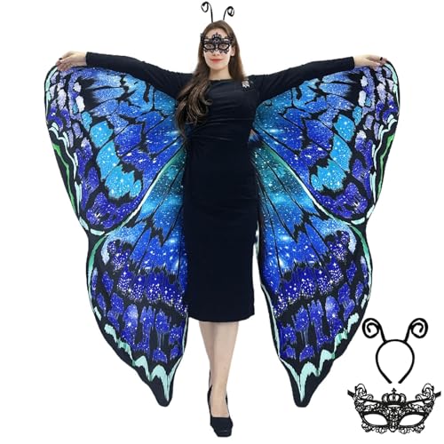 yamisan Doppelseitiger Druck Schmetterling Kostüm für Damen, Schmetterlingsflügel für Erwachsene Halloween Kostüme Party, Doppelseitig, blau, 66*53 in von yamisan