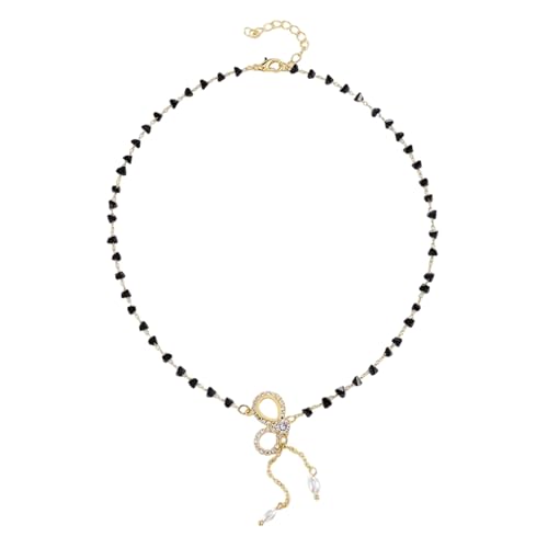 yanwuwa Elegante Halskette mit Schleifen-Perlenanhänger, verstellbare schwarze Steinkette für Damen, Legierungsschmuck von yanwuwa