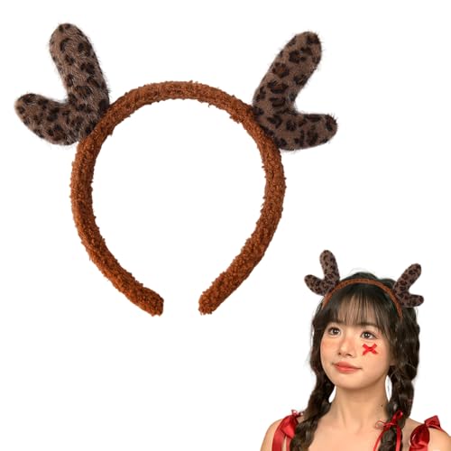 Plüsch Weihnachten Hirschgeweih Stirnband Urlaub Weihnachten Kopf Haarschmuck für Frauen Mädchen Weiches Rentiergeweih Stirnband Haarband Leopard Hirschohren Stirnband Hirschgeweih Kostüm Stirnband von yaozeio