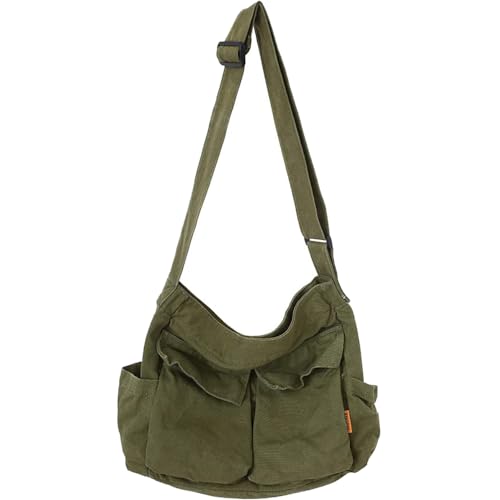 Canvas Messenger Bag Large Hobo Crossbody Bag with Multiple Pockets Casual Shoulder Tote Bag for Women and Men, Grün 1 von yaucher
