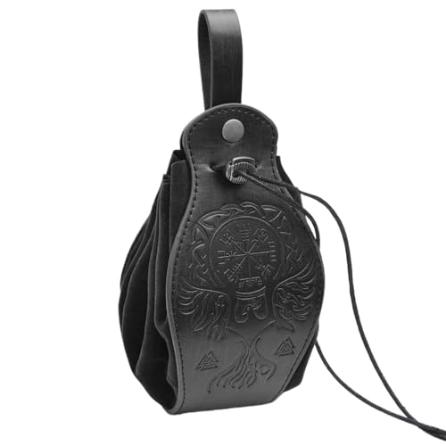 Männer Frauen Wikinger Kompass Leder Gürteltasche - Mittelalterliche Renaissance Hängende Kordelzug Gürteltasche - Nordic Vintage Vegvisir Geprägte Tragbare Gürteltasche(Black) von yayoitimes