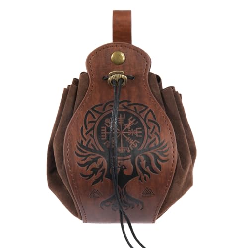 Männer Frauen Wikinger Kompass Leder Gürteltasche - Mittelalterliche Renaissance Hängende Kordelzug Gürteltasche - Nordic Vintage Vegvisir Geprägte Tragbare Gürteltasche(Brown) von yayoitimes