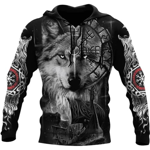 Nordic Viking Wolf Pullover Hoodie - Unisex 3D Gedruckt Odin Fenrir Vegvisir Punk Harajuku Jacke mit Reißverschluss - Herbst Langärmeliges Lockeres Pagan Top ( Color : Pullover Hoodie , Size : XL ) von yayoitimes