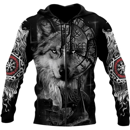Nordic Viking Wolf Pullover Hoodie - Unisex 3D Gedruckt Odin Fenrir Vegvisir Punk Harajuku Jacke mit Reißverschluss - Herbst Langärmeliges Lockeres Pagan Top ( Color : Zip Hoodie , Size : XL ) von yayoitimes