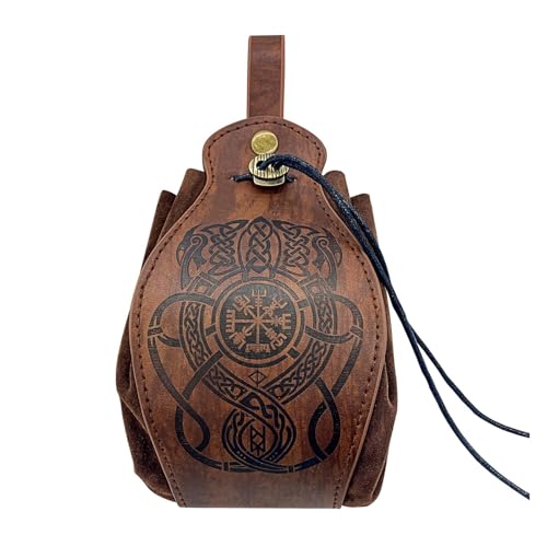 Nordic Vintage Vegvisir Geprägte Ledergürteltasche - Männer Frauen Wikinger Kompass Drache Kordelzug Gürteltasche - Mittelalter Renaissance Hängende Tragbare Gürteltasche(Brown) von yayoitimes