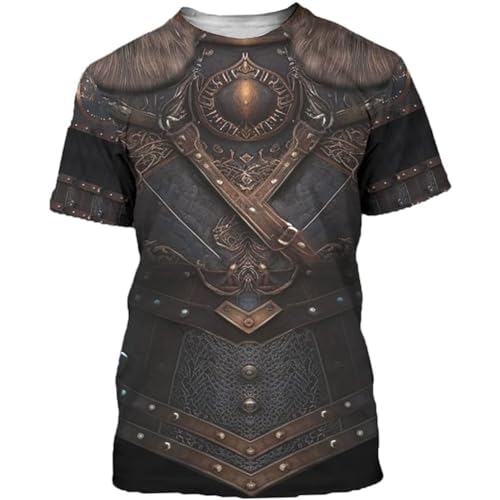 Nordisches Krieger Rüstungen T-Shirt, Ganzkörper 3D gedruckte Vegvisir Männer Punk Outdoor Straße Kurze Ärmel, Mittelalterliche Keltische Heidnische Modeparty Atmungsaktives Oberteil(Viking C,5XL) von yayoitimes