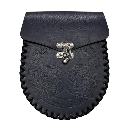 Viking Celtic Wolf Graphics Leder Gürteltasche Für Männer Frauen - Nordic Odin Tier Geprägte Gürteltasche - Handgemachte Mittelalterliche Renaissance Vintage Tragbare Gürteltasche(Black) von yayoitimes